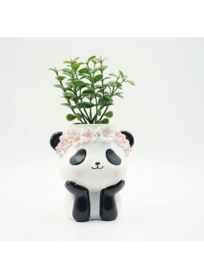 بيرام مجموعة أواني الزهور من بيرام فانتسي، قطعتين، على شكل قطة وباندا، مصنوعة من مادة البولي راتنج اللطيفة، مع تاج زهور، مزهرية صغيرة مزخرفة للاستخدام الداخلي والخارجي، مناسبة للمكتب المنزلي، حامل أقلام رصاص (باندا) - Image 1