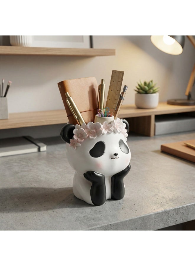 بيرام مجموعة أواني الزهور من بيرام فانتسي، قطعتين، على شكل قطة وباندا، مصنوعة من مادة البولي راتنج اللطيفة، مع تاج زهور، مزهرية صغيرة مزخرفة للاستخدام الداخلي والخارجي، مناسبة للمكتب المنزلي، حامل أقلام رصاص (باندا) - Image 5