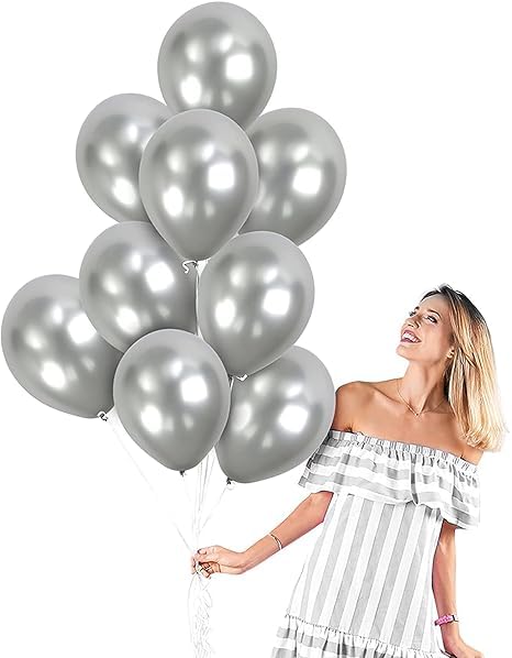 BRIJBAZAAR Silver HD Metallic Balloons Pack Silver Theme Kid Birthday Party Decoration Bachelorette Party Balloon Anniversary Item - Packet of 50 Balloons - Image 1