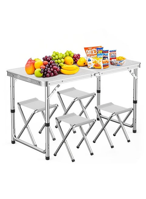 Folding Picnic Table with 4 Chairs 1.2M Folding Table Aluminum Portable Camping Table with Handle 3 Adjustable Height Plastic Table for Picnic Party BBQ White