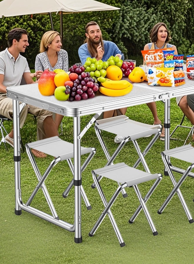 Folding Picnic Table with 4 Chairs 1.2M Folding Table Aluminum Portable Camping Table with Handle 3 Adjustable Height Plastic Table for Picnic Party BBQ White
