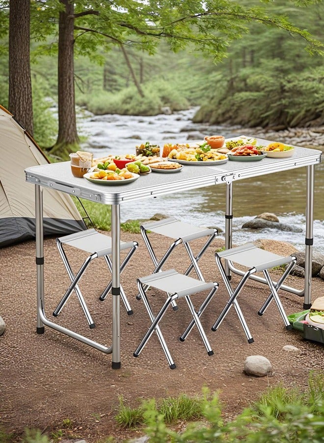 Folding Picnic Table with 4 Chairs 1.2M Folding Table Aluminum Portable Camping Table with Handle 3 Adjustable Height Plastic Table for Picnic Party BBQ White