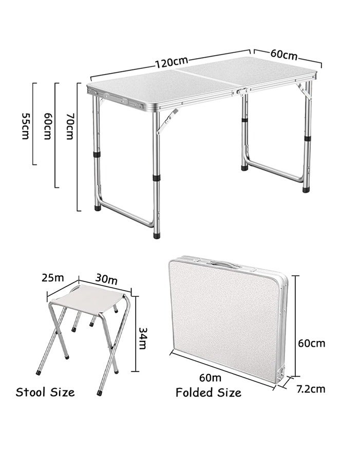 Folding Picnic Table with 4 Chairs 1.2M Folding Table Aluminum Portable Camping Table with Handle 3 Adjustable Height Plastic Table for Picnic Party BBQ White