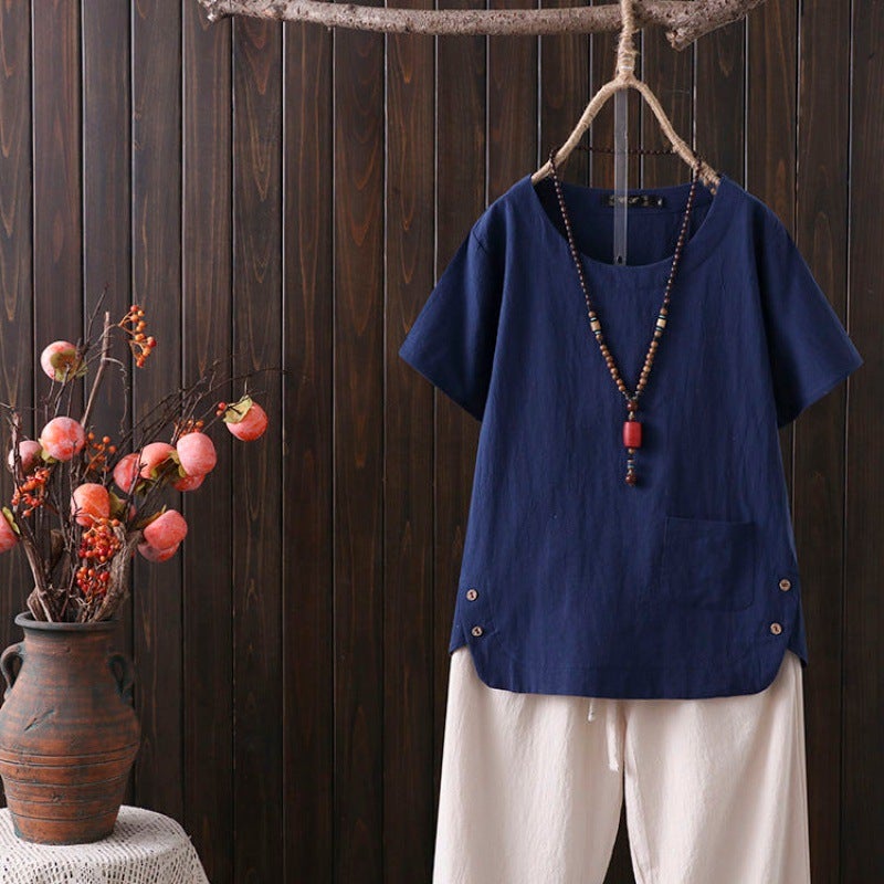 Cotton And Linen T-Shirt Loose Size Casual Simple Artistic Retro Solid Color Loose Short Sleeve Slimming Top - Image 1