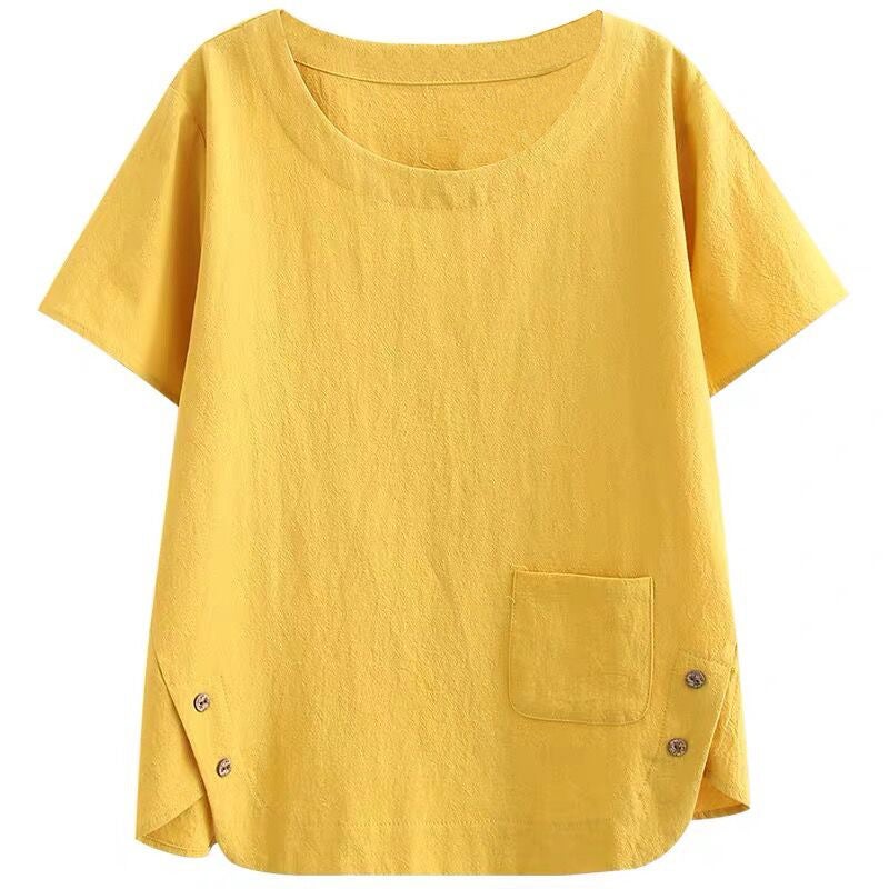 Cotton And Linen T-Shirt Loose Size Casual Simple Artistic Retro Solid Color Loose Short Sleeve Slimming Top - Image 4