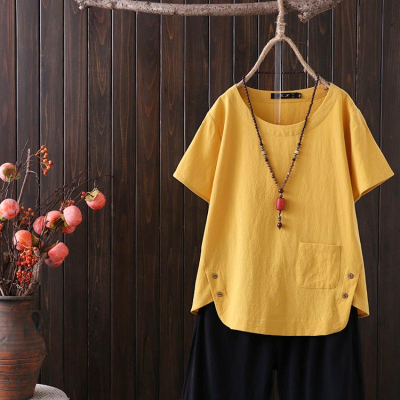 Cotton And Linen T-Shirt Loose Size Casual Simple Artistic Retro Solid Color Loose Short Sleeve Slimming Top - Image 5