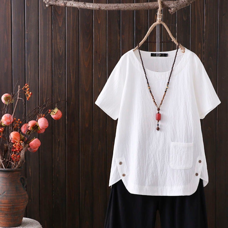 Cotton And Linen T-Shirt Loose Size Casual Simple Artistic Retro Solid Color Loose Short Sleeve Slimming Top - Image 2