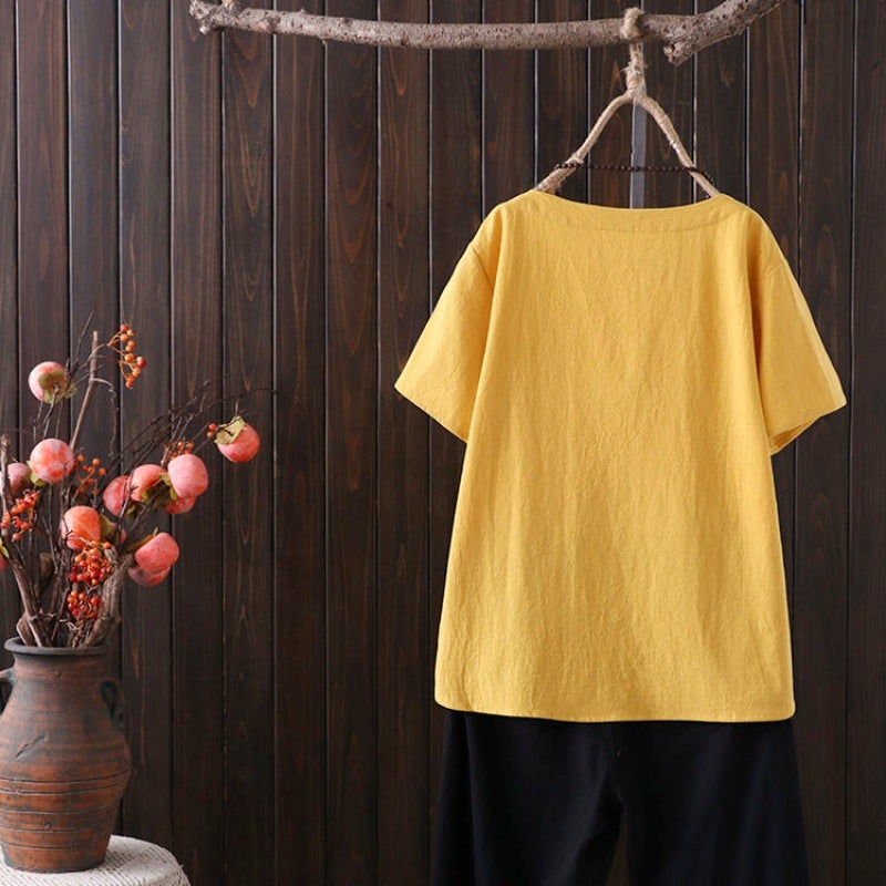 Cotton And Linen T-Shirt Loose Size Casual Simple Artistic Retro Solid Color Loose Short Sleeve Slimming Top - Image 3