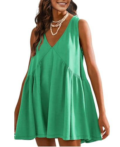 OPCAKM Women's V Neck Sleeveless Mini Dress Loose Summer Pleated Swing Flowy Sundress(Green-M) - Image 1