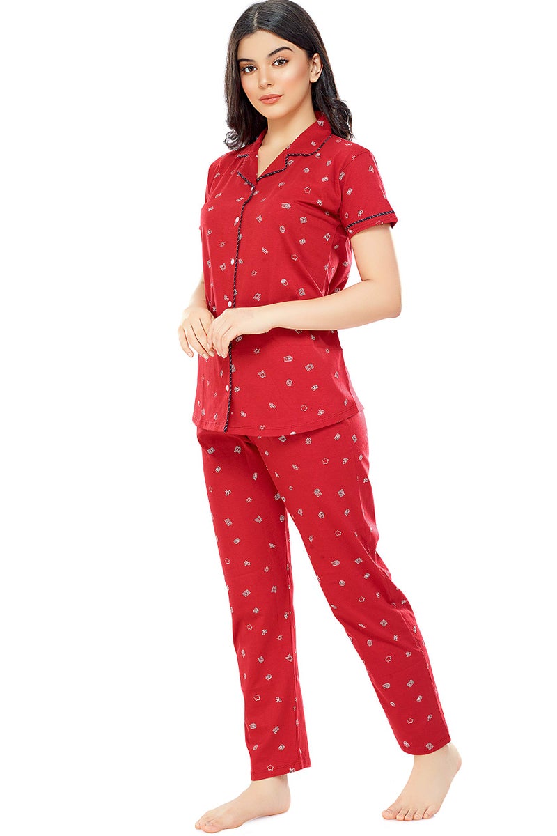 ZEYO Women's Cotton Printed Red Pajama Set/ Night Suit Set Of Shirt & Pyjama 5262 - Image 4