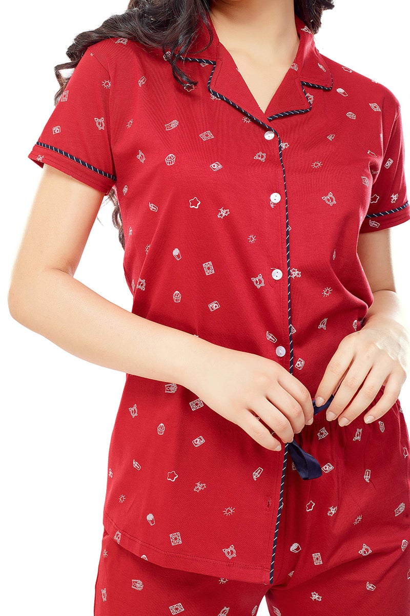 ZEYO Women's Cotton Printed Red Pajama Set/ Night Suit Set Of Shirt & Pyjama 5262 - Image 2