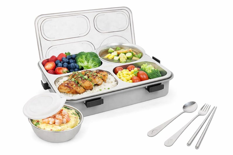 Brand Conquer Lunch Box Leak-Proof BPA Free Stainless Steel for School, Lunch Box for School & Office with a Fork, a Spoon and a Pair of Chopsticks (Grey, 4 Compartment) - Image 1
