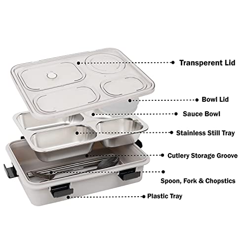 Brand Conquer Lunch Box Leak-Proof BPA Free Stainless Steel for School, Lunch Box for School & Office with a Fork, a Spoon and a Pair of Chopsticks (Grey, 4 Compartment) - Image 2