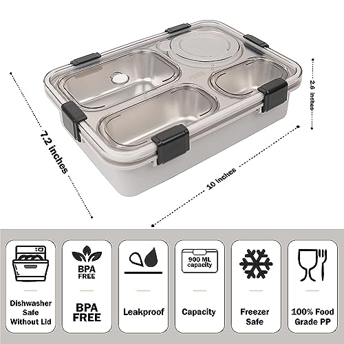 Brand Conquer Lunch Box Leak-Proof BPA Free Stainless Steel for School, Lunch Box for School & Office with a Fork, a Spoon and a Pair of Chopsticks (Grey, 4 Compartment) - Image 3