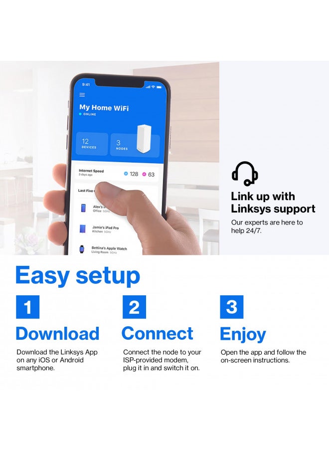 LINKSYS - Linksys MX12600 Mesh WiFi Router - AX4200 WiFi 6 Router - Velop Tri-Band WiFi Mesh Router - WiFi 6 Mesh Computer Routers For Wireless Internet - Internet Router - Connect 120+ Devices, 8,100 Sq Ft 3Pk - Image 1
