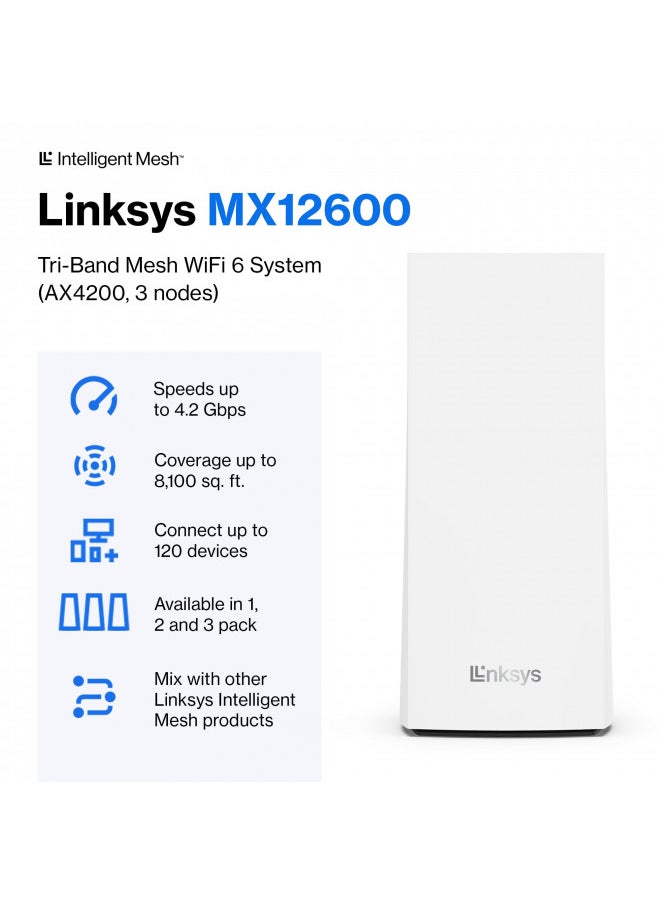 LINKSYS - Linksys MX12600 Mesh WiFi Router - AX4200 WiFi 6 Router - Velop Tri-Band WiFi Mesh Router - WiFi 6 Mesh Computer Routers For Wireless Internet - Internet Router - Connect 120+ Devices, 8,100 Sq Ft 3Pk - Image 1