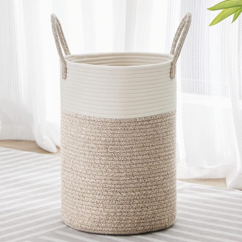 VIPOSCO Tall Laundry Hamper, Woven Rope Storage Basket for Blanket, Toys, Dirty Clothes in Living Room, Bathroom, Bedroom - 30L White & Brown - Image 1