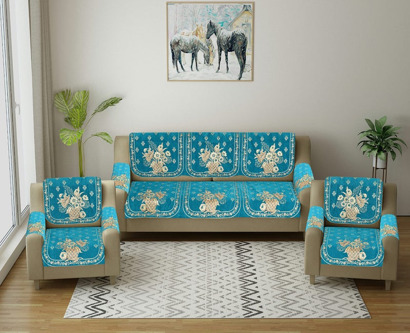 SAWNA HOMES 5 Seater Printed Sofa Cover Set with Arm Covers | Velvet Chenille Sofa Back Slip Panels for 3,1,1 Seater | Anti-Slip Washable Protectors for Living Room (12 Pcs, Sky Blue) - Image 5