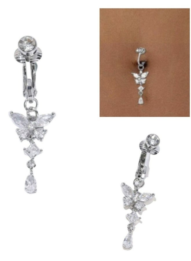 حلقة بطن مزيفة ثقب بطن مزيف حلقة سرة مزيفة ثقب سرة مزيف حلقات سرة قابلة للتثبيت بتصميم فراشة للنساء للارتداء اليومي والحفلات والشاطئ فضية 1 قطعة - Image 1