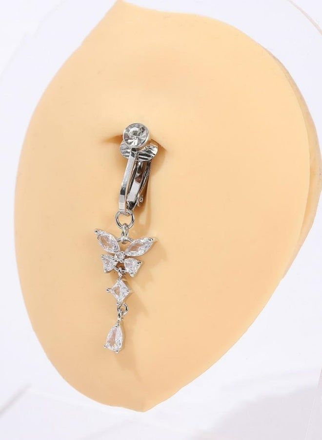 حلقة بطن مزيفة ثقب بطن مزيف حلقة سرة مزيفة ثقب سرة مزيف حلقات سرة قابلة للتثبيت بتصميم فراشة للنساء للارتداء اليومي والحفلات والشاطئ فضية 1 قطعة - Image 4