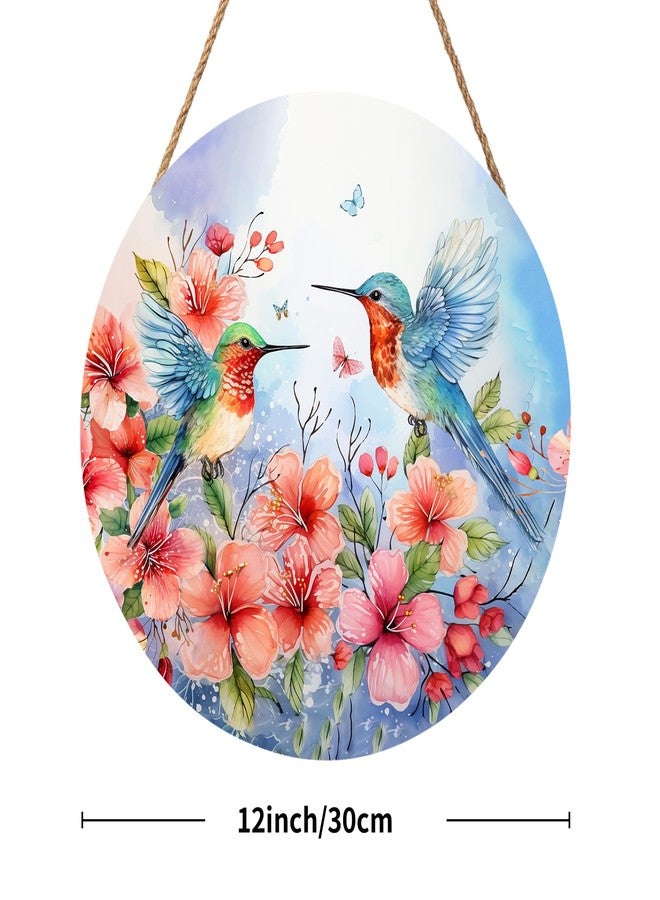 Harooni Spring Summer Hummingbird Birds Front Door Sign Farmhouse Spring Flowers Door Hanger 12"x12" Seasonal Summer Wooden Wreath for Outdoor Outside Porch Welcome Wall Hanging Decoration for Home - Image 2