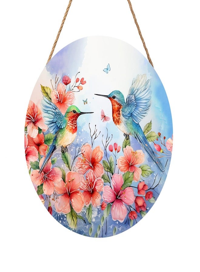 Harooni Spring Summer Hummingbird Birds Front Door Sign Farmhouse Spring Flowers Door Hanger 12"x12" Seasonal Summer Wooden Wreath for Outdoor Outside Porch Welcome Wall Hanging Decoration for Home - Image 1