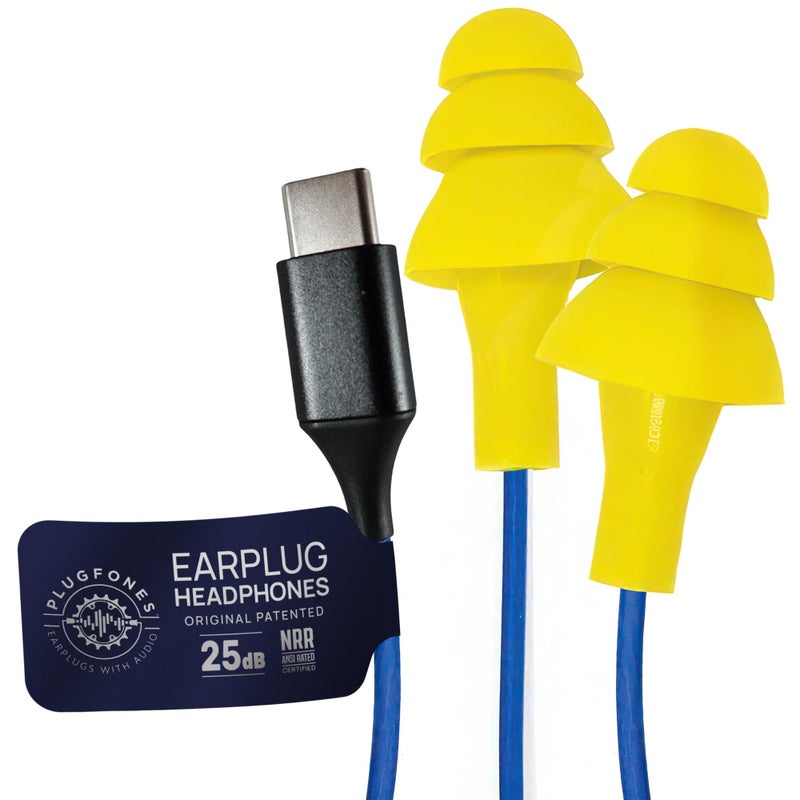 Plugfones Basic Earplug-Earbud Hybrid Earplug Headphones 25 dB Noise Reduction Rating Wired Noise Reducing Earphones Safety Earplugs for Work USB C Connector Yellow - Image 1