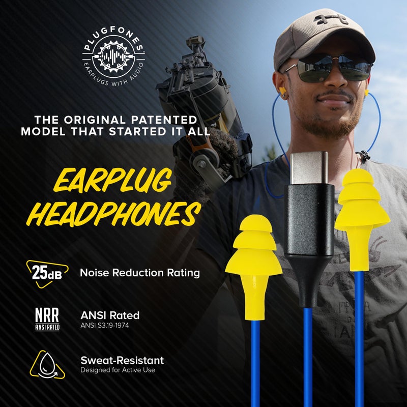 Plugfones Basic Earplug-Earbud Hybrid Earplug Headphones 25 dB Noise Reduction Rating Wired Noise Reducing Earphones Safety Earplugs for Work USB C Connector Yellow - Image 2