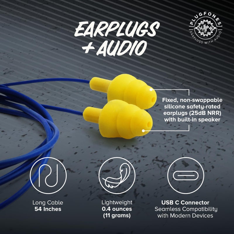 Plugfones Basic Earplug-Earbud Hybrid Earplug Headphones 25 dB Noise Reduction Rating Wired Noise Reducing Earphones Safety Earplugs for Work USB C Connector Yellow - Image 3