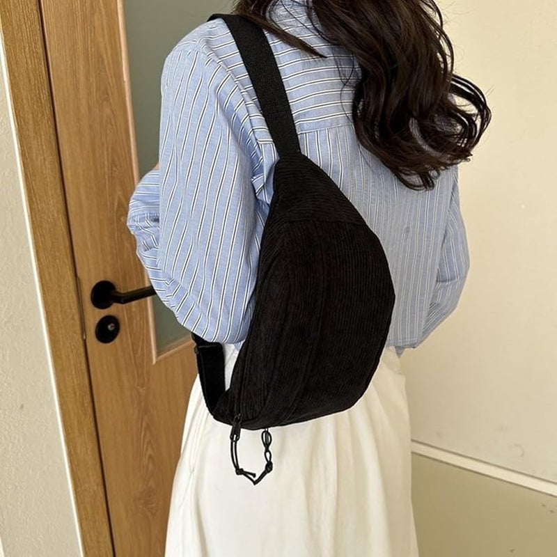 حقيبة خصر من الكوردوروي الأخضر مع قلادة، سعة كبيرة، حقيبة صدرية متقاطعة للفتيات - Image 4