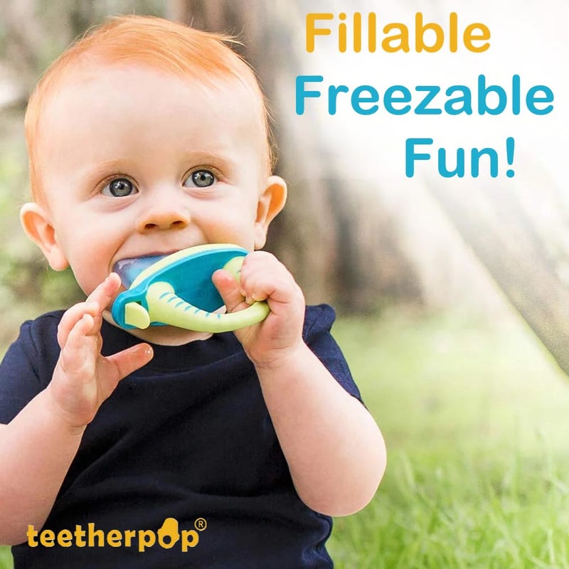 teetherpop تيذر بوب - عضاضة سيليكون قابلة للتعبئة للأطفال - قوالب مصاصة حليب الثدي لتخفيف آلام التسنين مع شقوق مانعة للتسرب - عضاضات أطفال قابلة للتجميد للسوائل والمهروسات - تخفيف بارد باللون الأزرق والبرتقالي والليموني والتيل - Image 2
