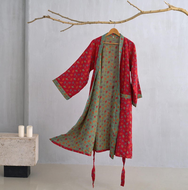 Purefair 100% Cotton Gauze Ginkgo Leaf Kimono Robe, Long Knit Loose Bathrobe Nightgown Ladies Loungewear Sleepwear for Women - Image 2
