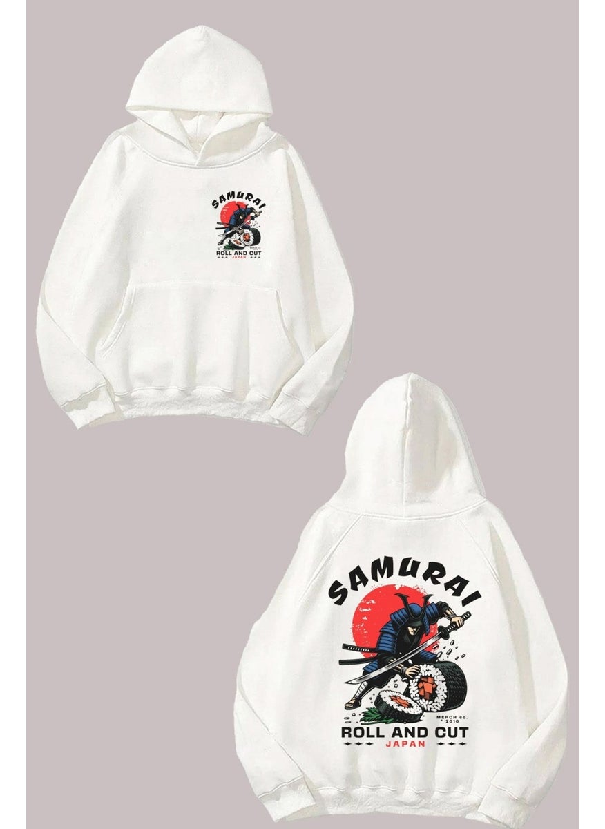 The Wert - Samurai Cutting Sushi Design Front Back Printed Regular Fit White Sweatshirt - Image 1
