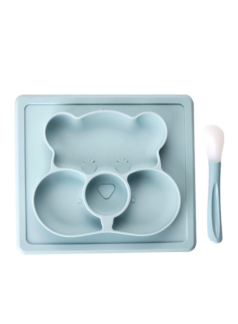 Plate Spoon Baby Silicone Dining Plates, Cartoon Bear Toddler Tableware Set Children Feeding Bowl Kids Dishes Anti-fall Tray Blue - Image 2