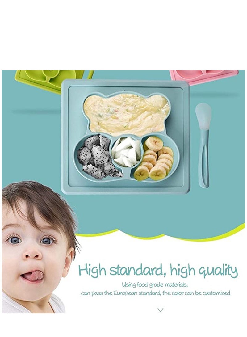 Plate Spoon Baby Silicone Dining Plates, Cartoon Bear Toddler Tableware Set Children Feeding Bowl Kids Dishes Anti-fall Tray Blue - Image 5