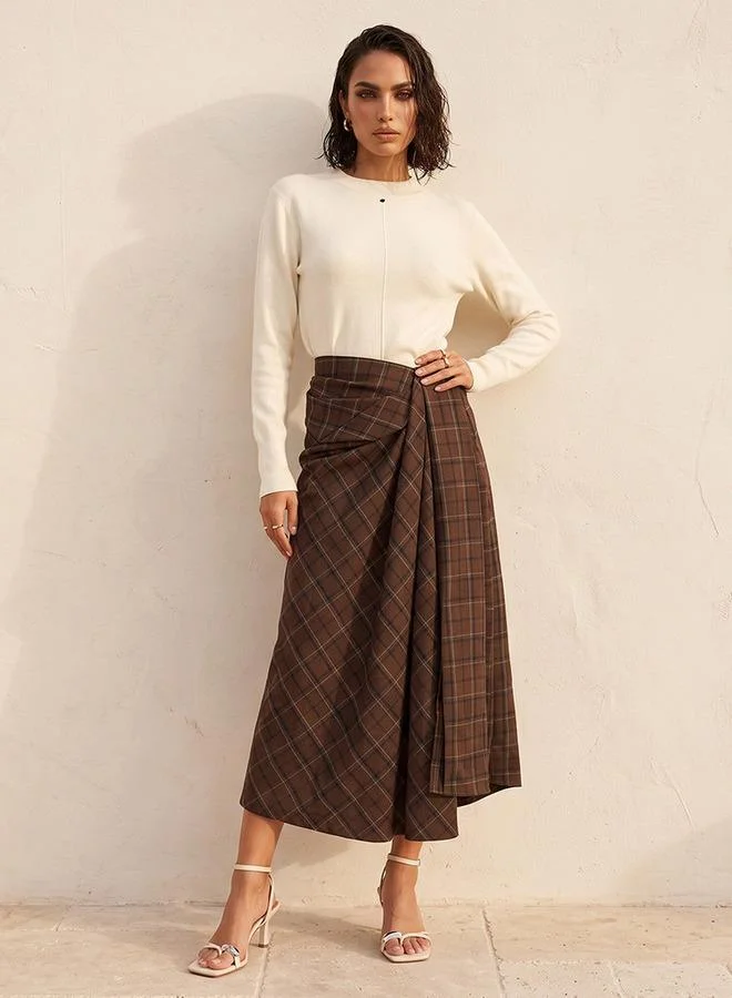 Splash FAV Smart Checked Midi Skirt with Zip Closure