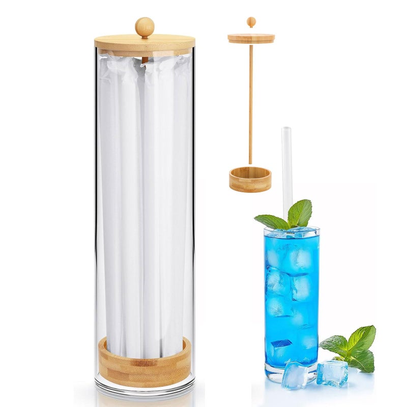 JYPS 13Inch Acrylic Straw Dispenser with Bamboo Lid with 100 Colorful Straws Transparent Counter Container Countertop Organizer for Kitchen OfficeCabinet Storage Holds Pencils Cutlery