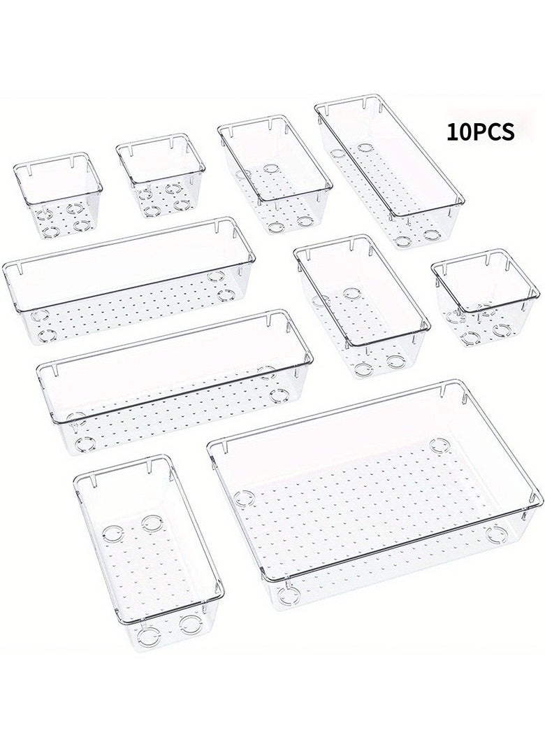 wnnualo 10 PCS Clear Plastic Drawer Organizers Set, 4-Size Versatile Bathroom and Vanity Drawer Organizer Trays, Storage Bins for Makeup, Bedroom, Kitchen Gadgets Utensils and Office  - Image 1