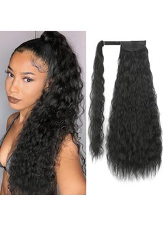 Stamped Glorious Stamped Glorious Long Corn Wave Ponytail Extension Magic Paste Heat Resistant Wavy Synthetic Wrap Around Ponytail Black Hairpiece for Women 22inch black 
