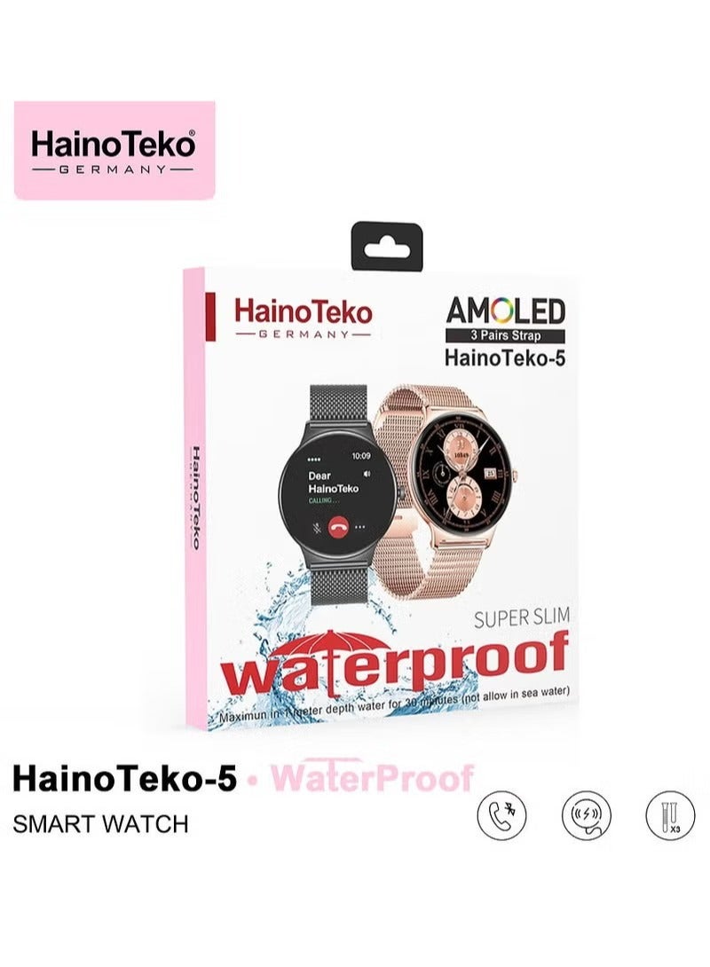 Haino Teko 5 Slim Smart Watch for Women – Round AMOLED Display, AI Voice Assistant, Waterproof, 3 Straps, Fitness Tracker – Gold - Image 4