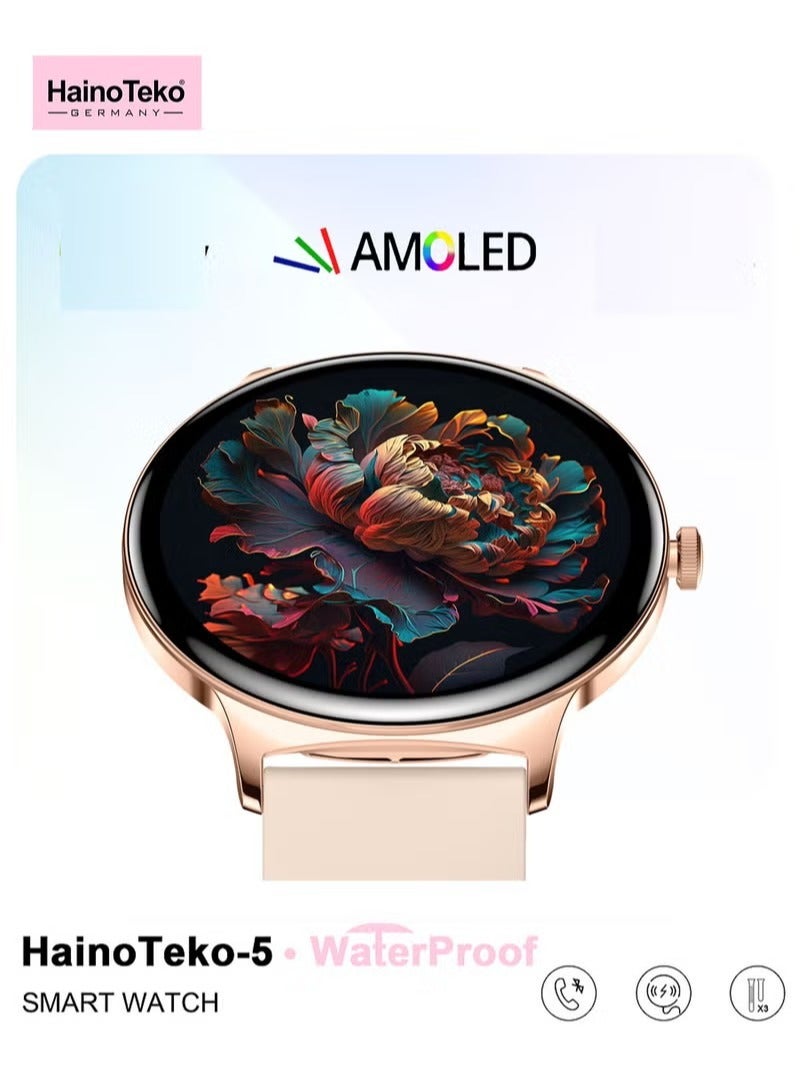 Haino Teko 5 Slim Smart Watch for Women – Round AMOLED Display, AI Voice Assistant, Waterproof, 3 Straps, Fitness Tracker – Gold - Image 5