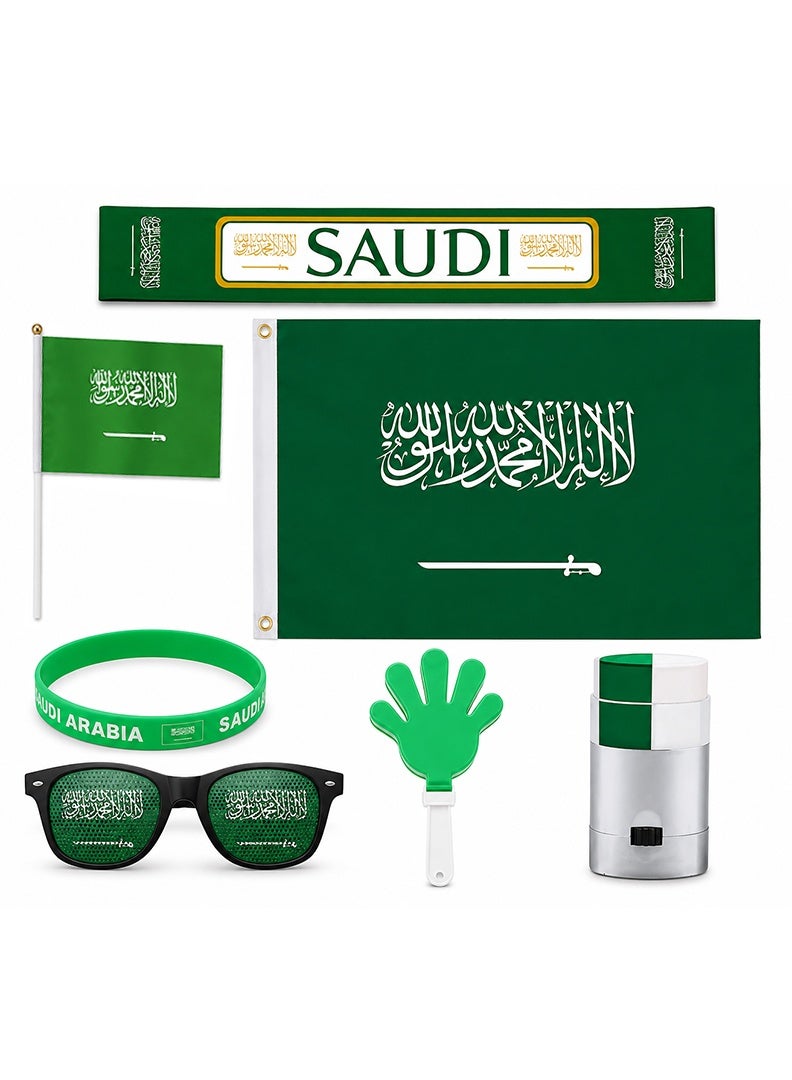 طقم مشجعي كرة القدم السعودي 7 في 1 - مجموعة إكسسوارات تشجيع المشجعين مع علم، ووشاح، وطلاء للوجه، ونظارات شمسية، ومصفقات، وسوار معصم | منتجات كرة القدم لمشجعي المملكة العربية السعودية - Image 1
