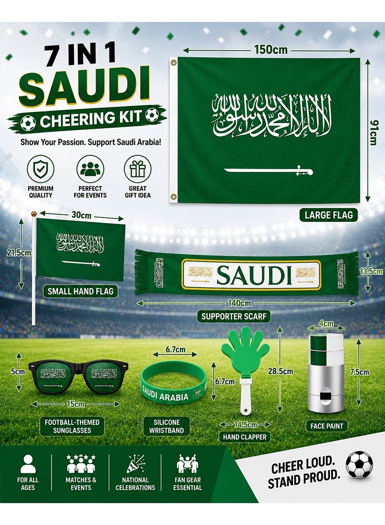 طقم مشجعي كرة القدم السعودي 7 في 1 - مجموعة إكسسوارات تشجيع المشجعين مع علم، ووشاح، وطلاء للوجه، ونظارات شمسية، ومصفقات، وسوار معصم | منتجات كرة القدم لمشجعي المملكة العربية السعودية - Image 2