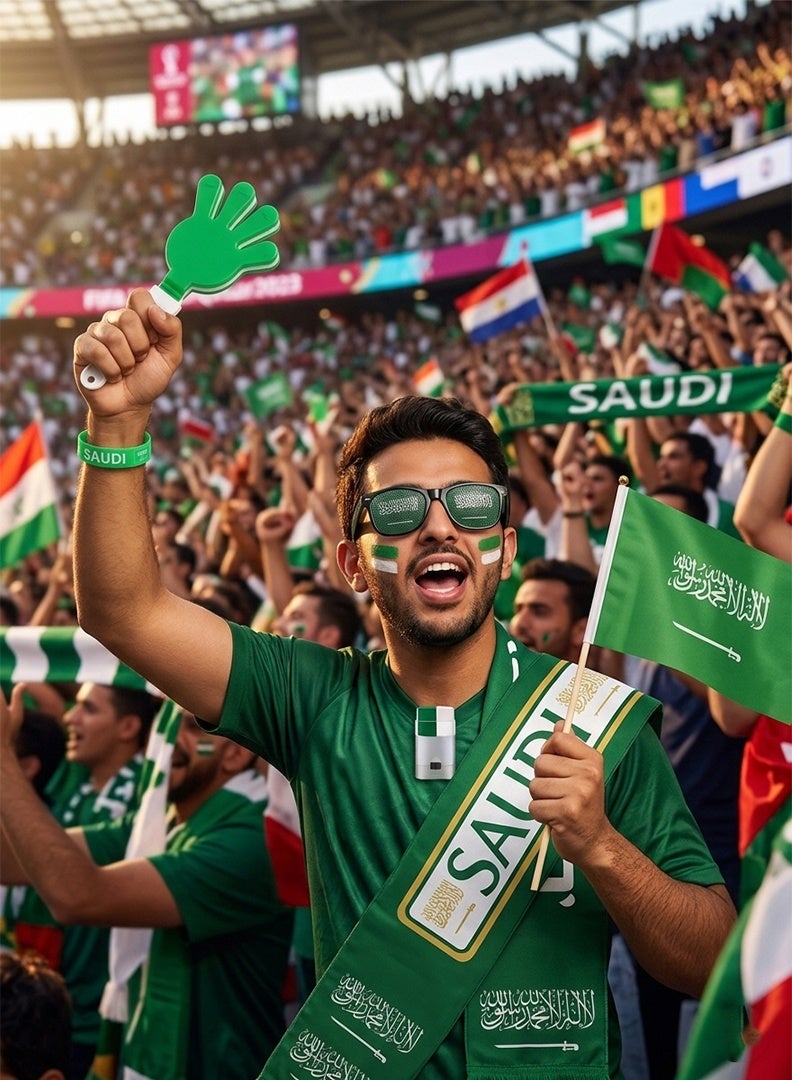 طقم مشجعي كرة القدم السعودي 7 في 1 - مجموعة إكسسوارات تشجيع المشجعين مع علم، ووشاح، وطلاء للوجه، ونظارات شمسية، ومصفقات، وسوار معصم | منتجات كرة القدم لمشجعي المملكة العربية السعودية - Image 4
