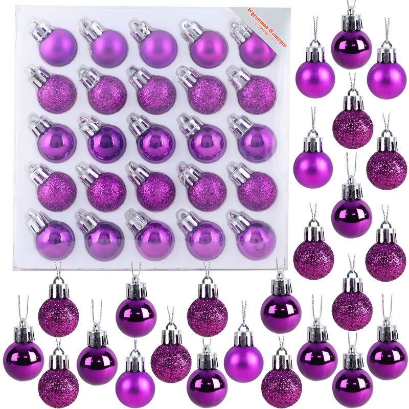 Christmas Concepts Pack of 25-25mm Mini Christmas Tree Baubles - Shiny  Matte & Glitter Decorated Ornaments (Purple) - Image 1