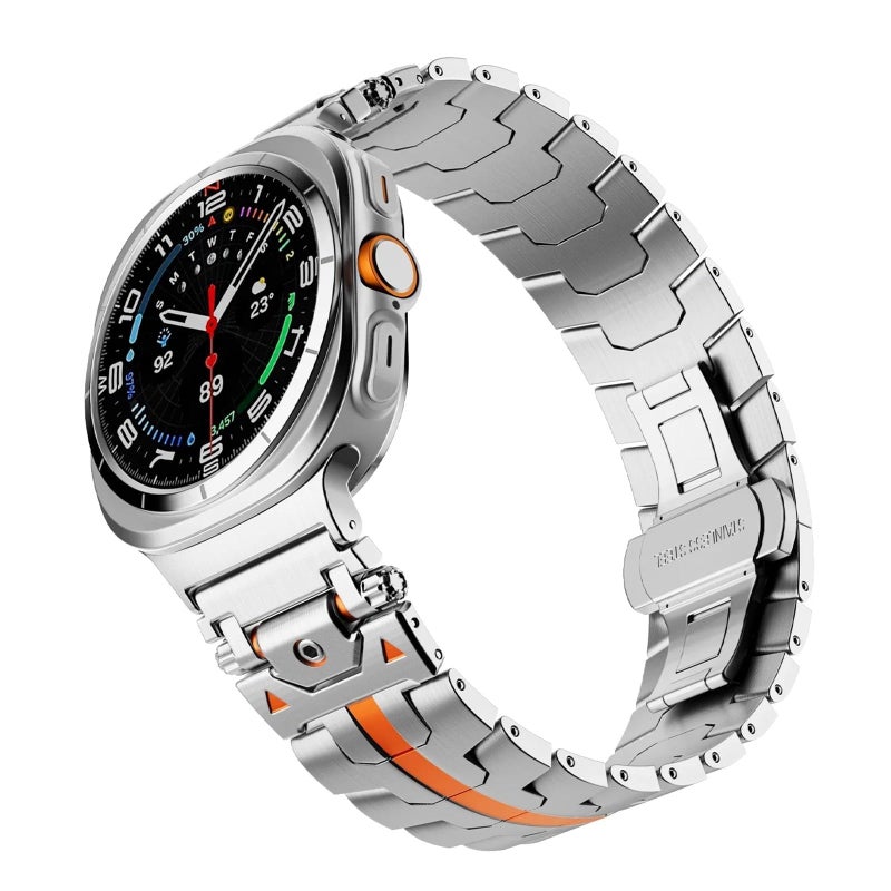 KASTWAVE Luxury Stainless Steel Strap Compatible with Samsung Galaxy Watch Ultra 47mm – No Gap Connector Metal Bracelet (Silver Orange) - Image 1