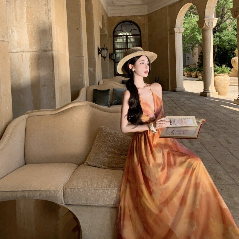 Monet Garden Orange Floral Print Chiffon V-Neck Sleeveless Maxi Dress - Image 3