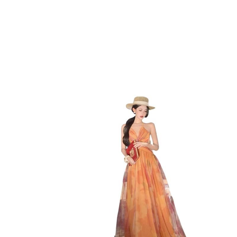 Monet Garden Orange Floral Print Chiffon V-Neck Sleeveless Maxi Dress - Image 5