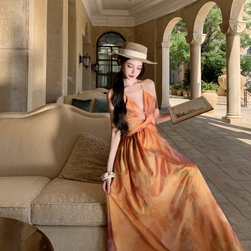 Monet Garden Orange Floral Print Chiffon V-Neck Sleeveless Maxi Dress - Image 4