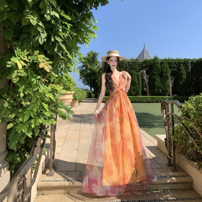 Monet Garden Orange Floral Print Chiffon V-Neck Sleeveless Maxi Dress - Image 1